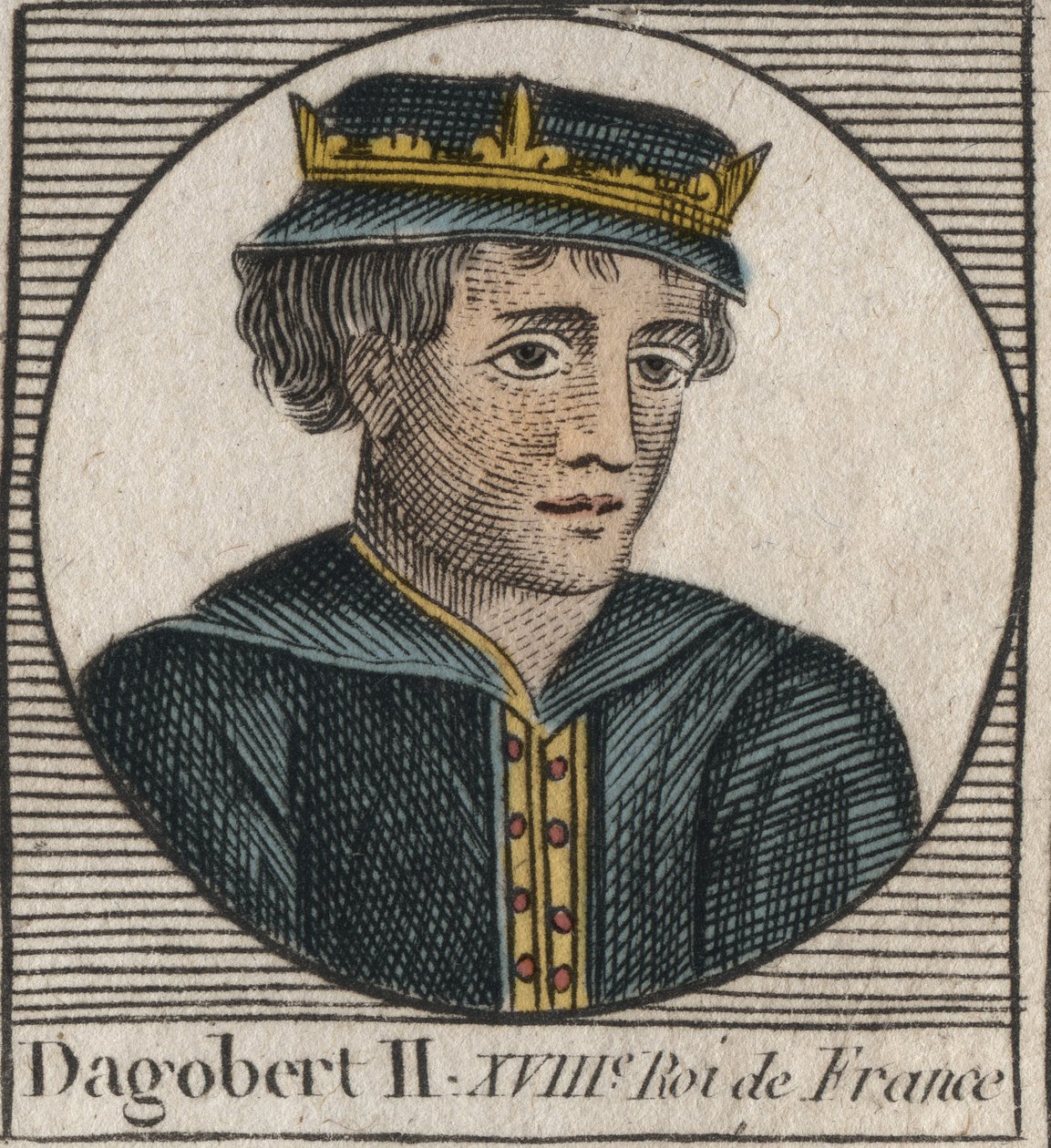 Portrett av Dagobert II, kongen av frankene fra 711 til 716 - Dagobert II (676-679), konge av Austrasia - gravering fra "Instruction sur l