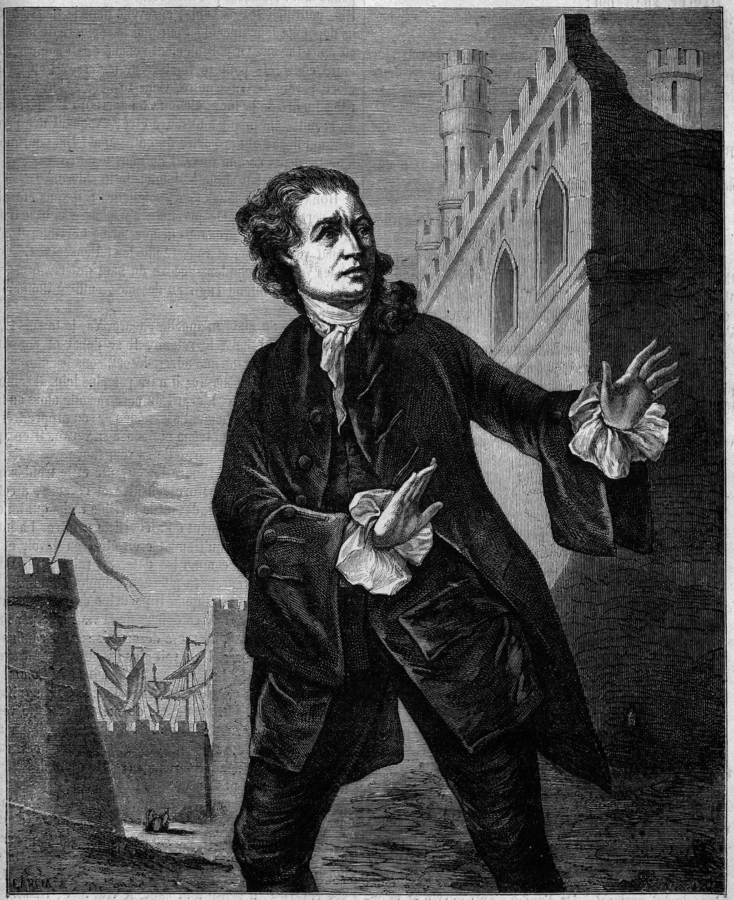Portrett av David Garrick (1717-1779), engelsk komiker, som Shakespeares «Hamlet». Gravering av Wilson i "" Le Magasin pittoreske"" av Unknown artist