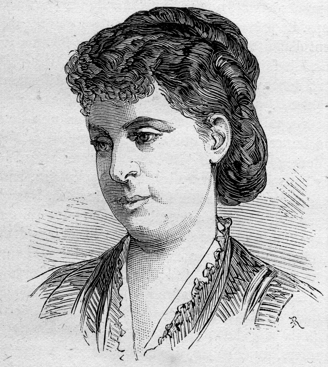 Portrett av Edile Riquer, fransk komiker, medlem av Comedie Francaise fra 1856 til 1884. Gravering i “” Le Monde Illustré”” n¡1168 av 16. august 1879. av Unknown artist