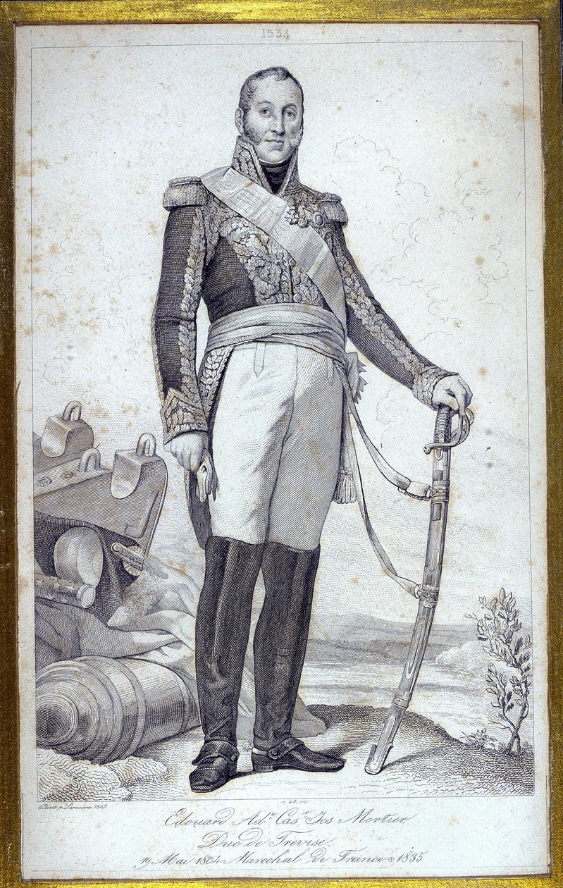 Portrett av Edouard Adolphe Casimir Joseph Mortier, hertug av Trevise (1768-1835), Marechal av Frankrike. Gravering fra 1800-tallet. av Unknown artist
