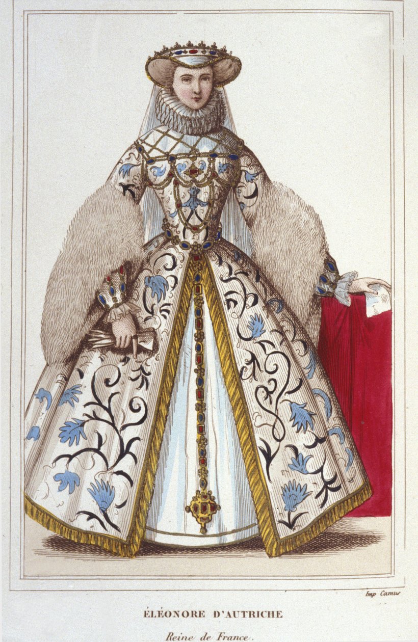 Portrett av Eleonore av Habsburg (eller Østerrike) (1498-1558). Erkehertuginne av Østerrike, dronning av Portugal, deretter dronning av Frankrike, andre kone til Francois I. gravering av 1830 av Unknown artist