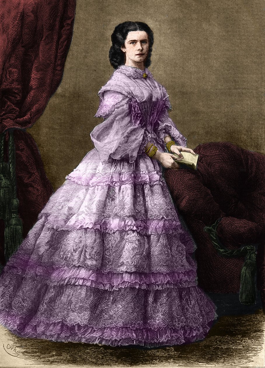 Portrett av Elisabeth de Wittelsbach (1837-1898) (sissi), impress av Østerrike (1854-1898) og dronning av Ungarn (1867-1898), Nee hertuginne i Baviere. (KEISERINNE ELISABETH AV ØSTERRIKE). Gravering av 1864. Privat samling. av Unknown artist