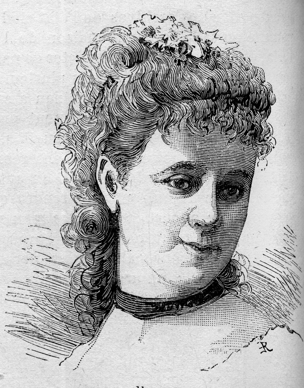 Portrett av Emilie Broisat (1848-1929), fransk komiker, medlem av Comedie Francaise. Gravering i "" Le Monde Illustré"" n¡1168 av 16. august 1879. av Unknown artist