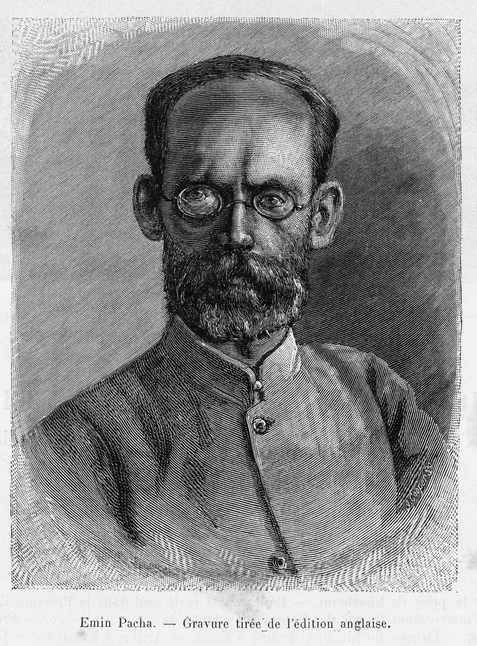 Portrett av Emin Pasha (Isaak Eduard Schnitzer 1840-1892), lege, naturforsker, oppdagelsesreisende og guvernør i den egyptiske provinsen Ekvatoria. Gravering, for å illustrere historien Dans les shadbres de l