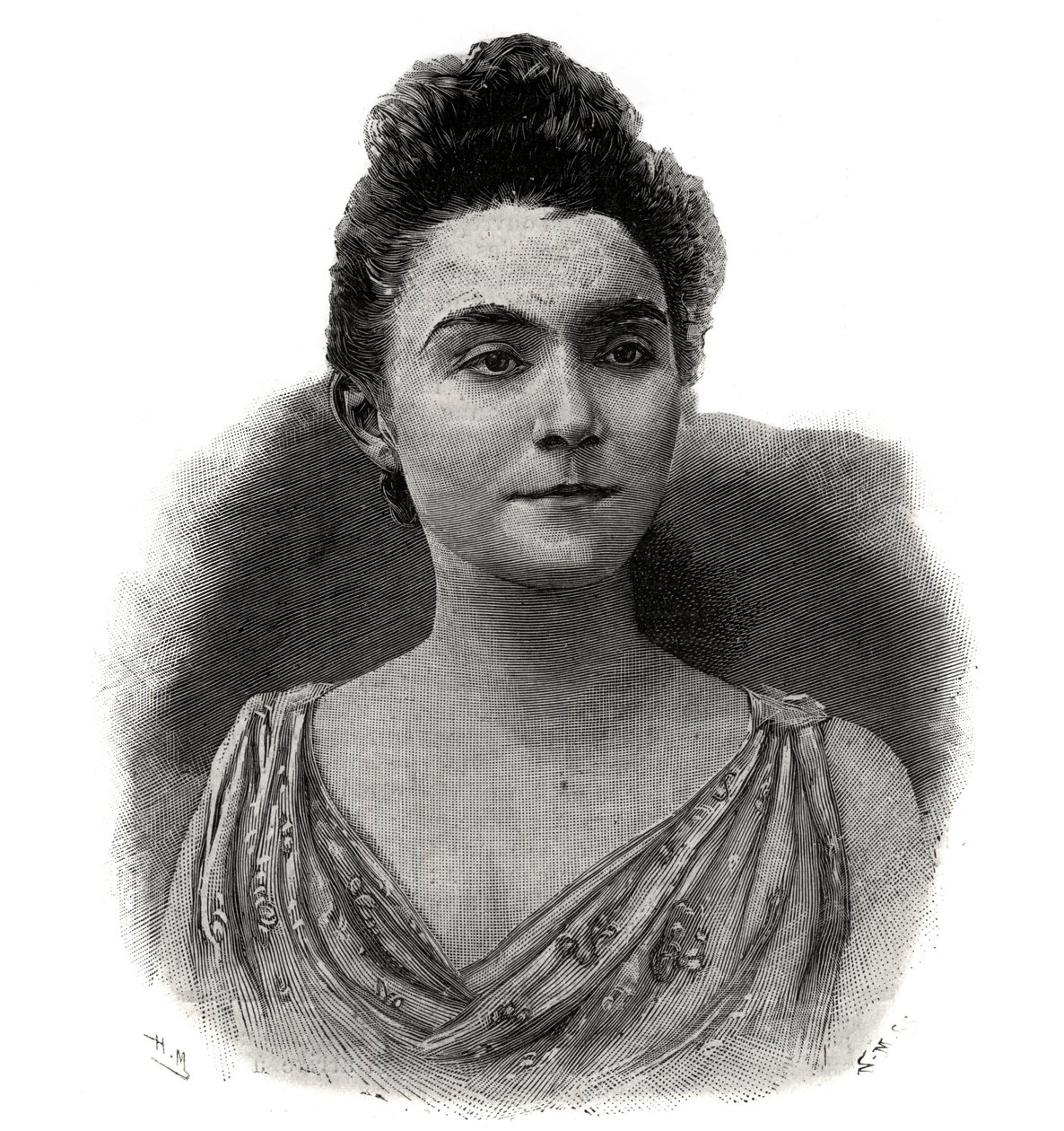 Portrett av Emma Laure Esther Guilbert, dit Yvette Guilbert (1865-1944) Fransk sangerinne for kaffekonserten - Gravering av 1892 av Unknown artist
