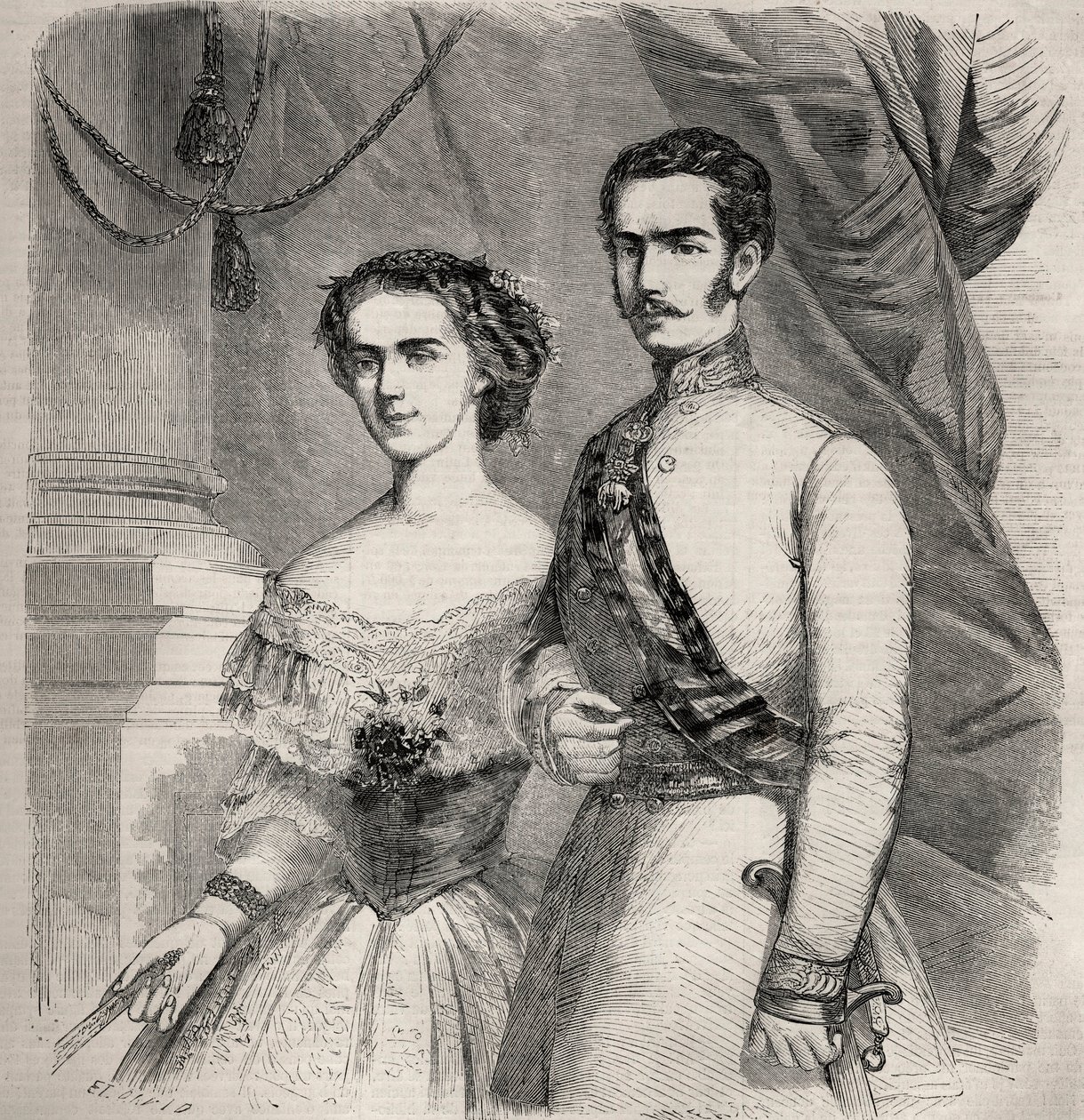 Portrett av keiser Francois Joseph (Francois Joseph) I av Østerrike (1830-1916) og hans kone Elisabeth av Wittelsbach (1837-1898) (sissi). Gravering i “Le Monde illustrious”” fra 1857. Privat samling. av Unknown artist
