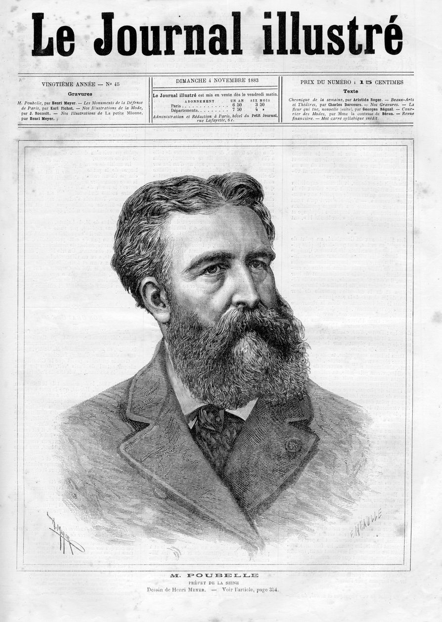 Portrett av Eugene Rene Poubelle (1831 - 1907), fransk embetsmann og prefet av Seinen - forsiden av "The Illustrous Journal" fra 1883 av Unknown artist