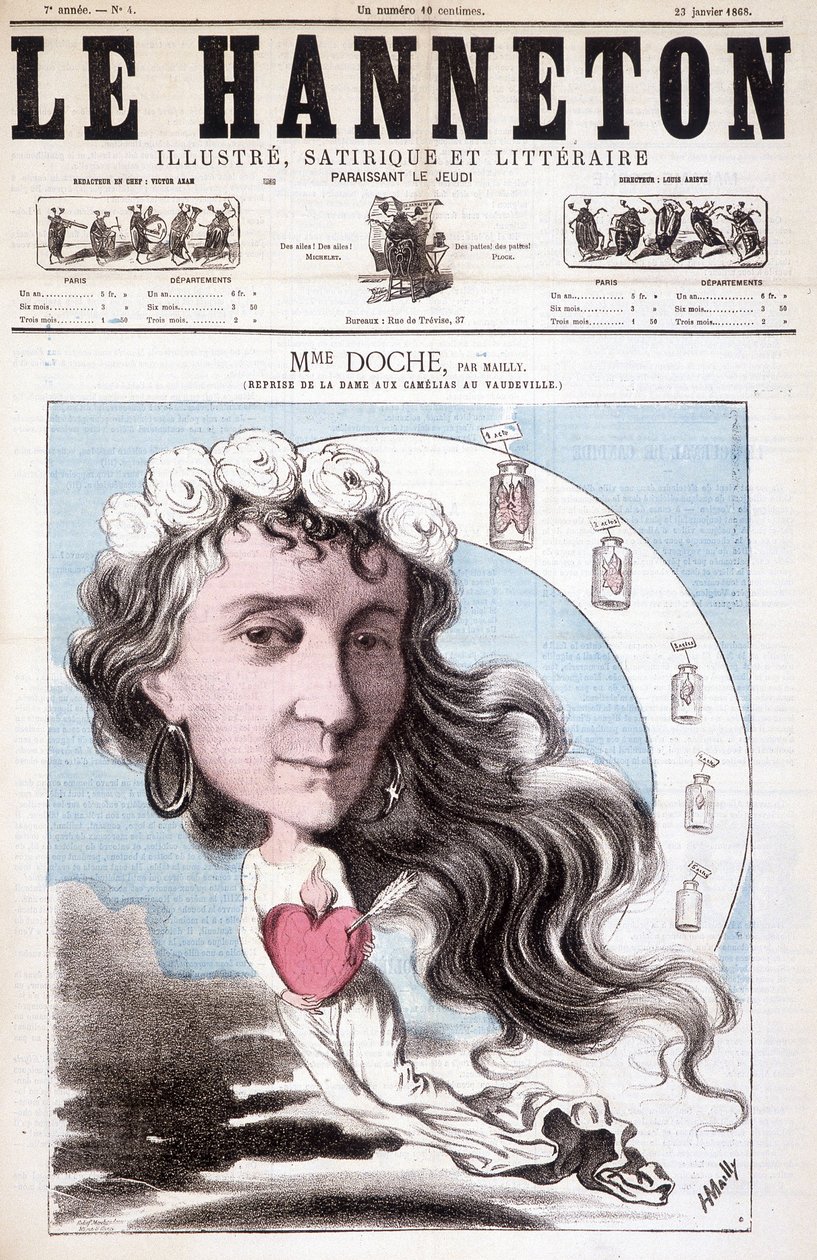 Portrett av Eugénie Doche som spiller i et cover på Vaudeville-teatret til «La Dame aux Camélias», skrevet av Alexandre Dumas (lyd) i 1852. I Le Hanneton, 23. januar av Unknown artist