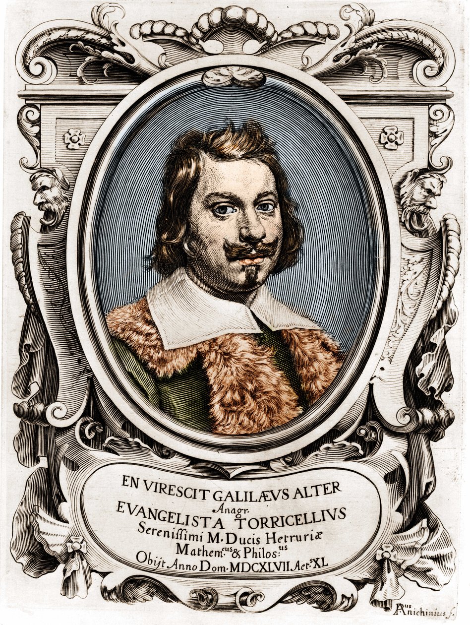 Portrett av Evangelista Torricelli eller Toricelli (1608 - 1647), italiensk fysiker. Gravering fra 1600-tallet. av Unknown artist