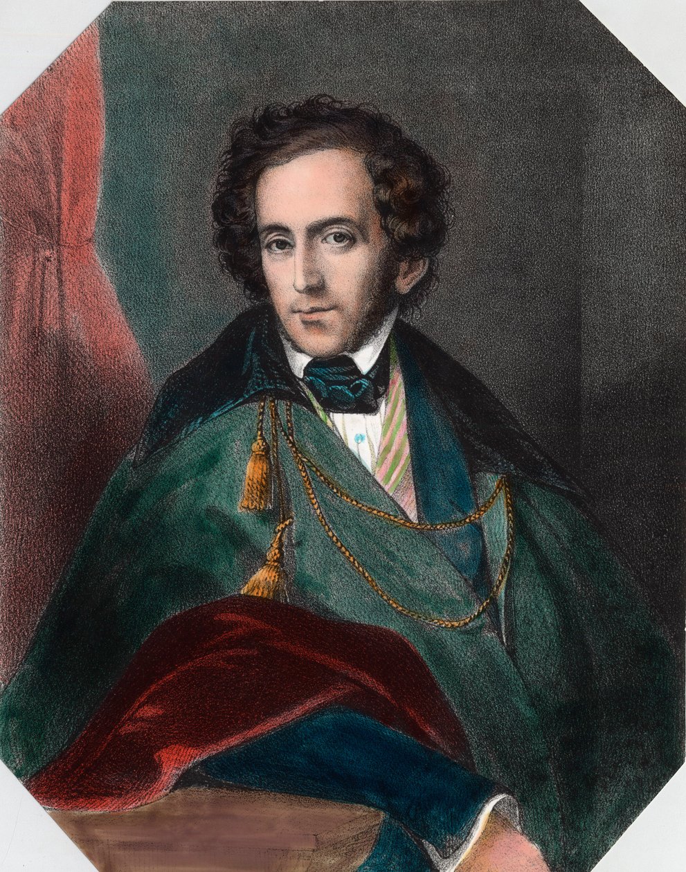 Portrett av Felix Mendelssohn (1809 - 1847), tysk dirigent og komponist. Gravering av 1800-tallet. Privat samling. av Unknown artist