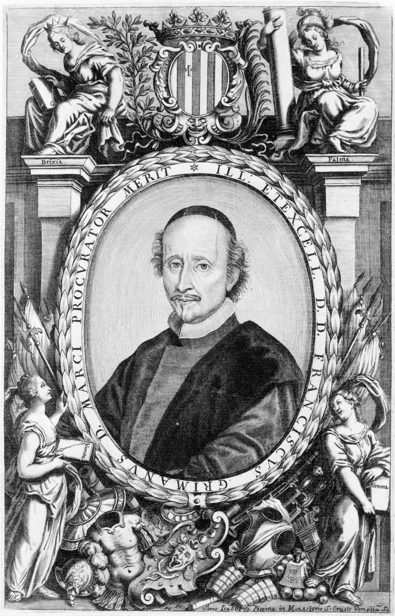 Portrett av Francesco Grimani, venetiansk kirkelig fra 1500-tallet. Han var biskop og patriark av Venezia. Gravering av Unknown artist