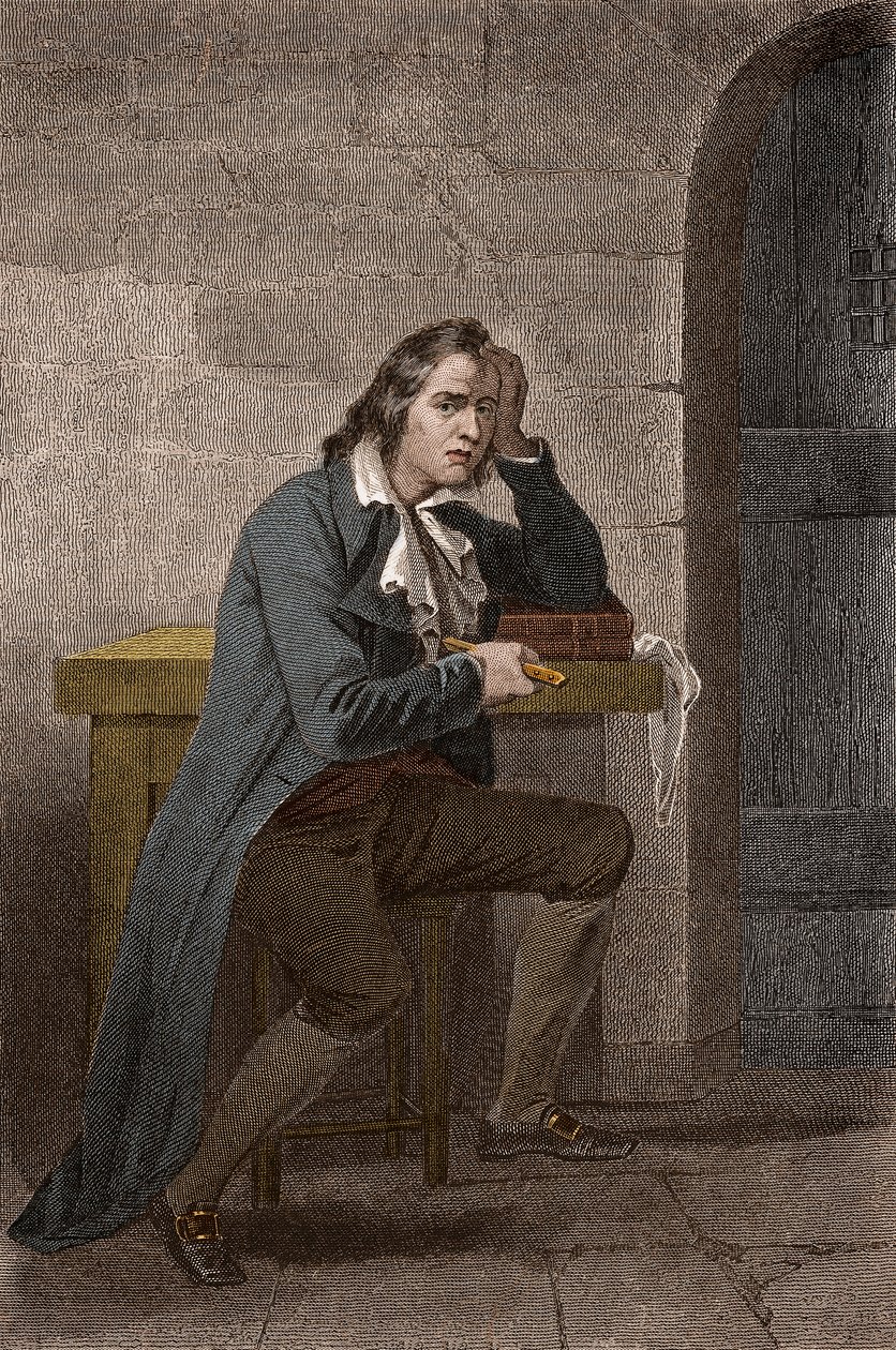 Portrett av Francois Babeuf dit Gracchus (1760-1797), fransk revolusjonær, knivstikker seg selv - Anonym gravering av Unknown artist