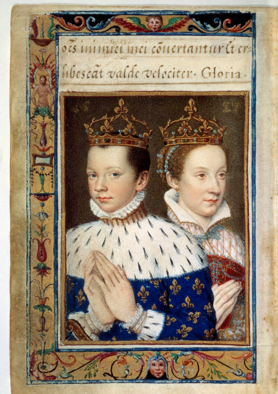 Portrett av Francois II (1544-1560) og Marie Stuart (1542-1587) Konge og dronning av Frankrike Manuskriptside av "Timeboken av Catherine de Medicis" (Caterina de Medici) Paris fra 1500-tallet, B.N. av Unknown artist