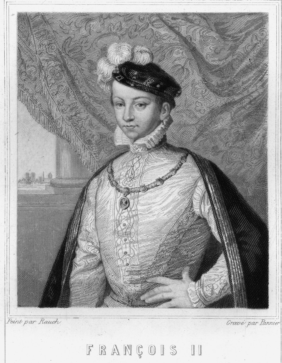 Portrett av Francois II (1544 - 1560), konge av Frankrike - i "Histoire des Français"" av Lavallée, gravering, sd. av Unknown artist