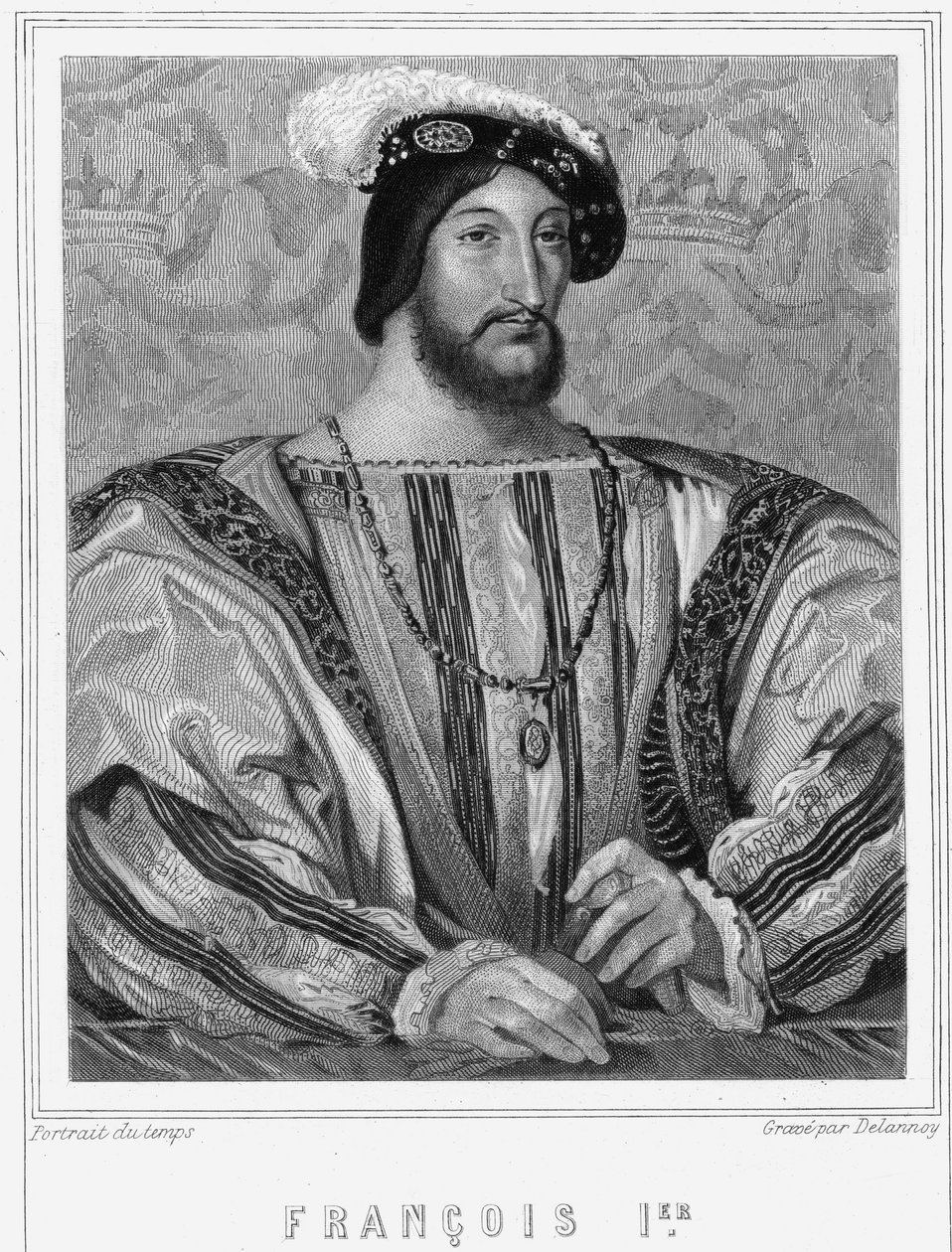 Portrett av Francois I (1494 - 1547), konge av Frankrike - i "Histoire des Français"" av Lavallée, gravering, sd. av Unknown artist