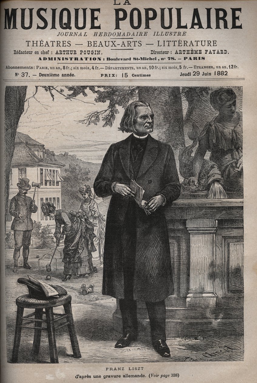 Portrett av Franz Liszt (1811-1886), ungarsk komponist, pianist og dirigent (Franz Liszt, ungarsk komponist, pianist og dirigent) gravering i "" Popular Music """ berømte ukeavis - 1882 av Unknown artist