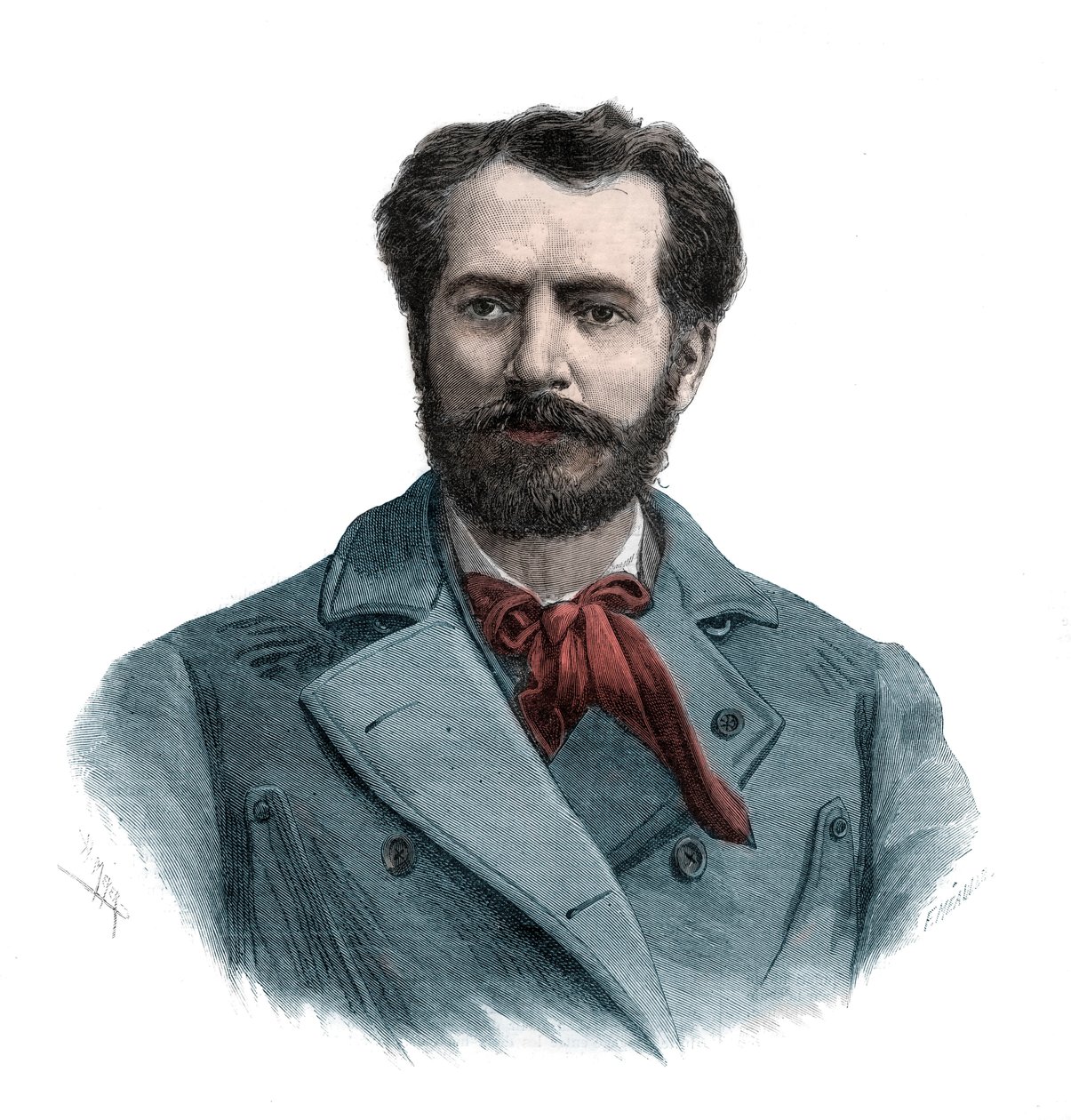 Portrett av Frederic Auguste Bartholdi (1834-1904), fransk billedhugger - gravering 1883 av Unknown artist