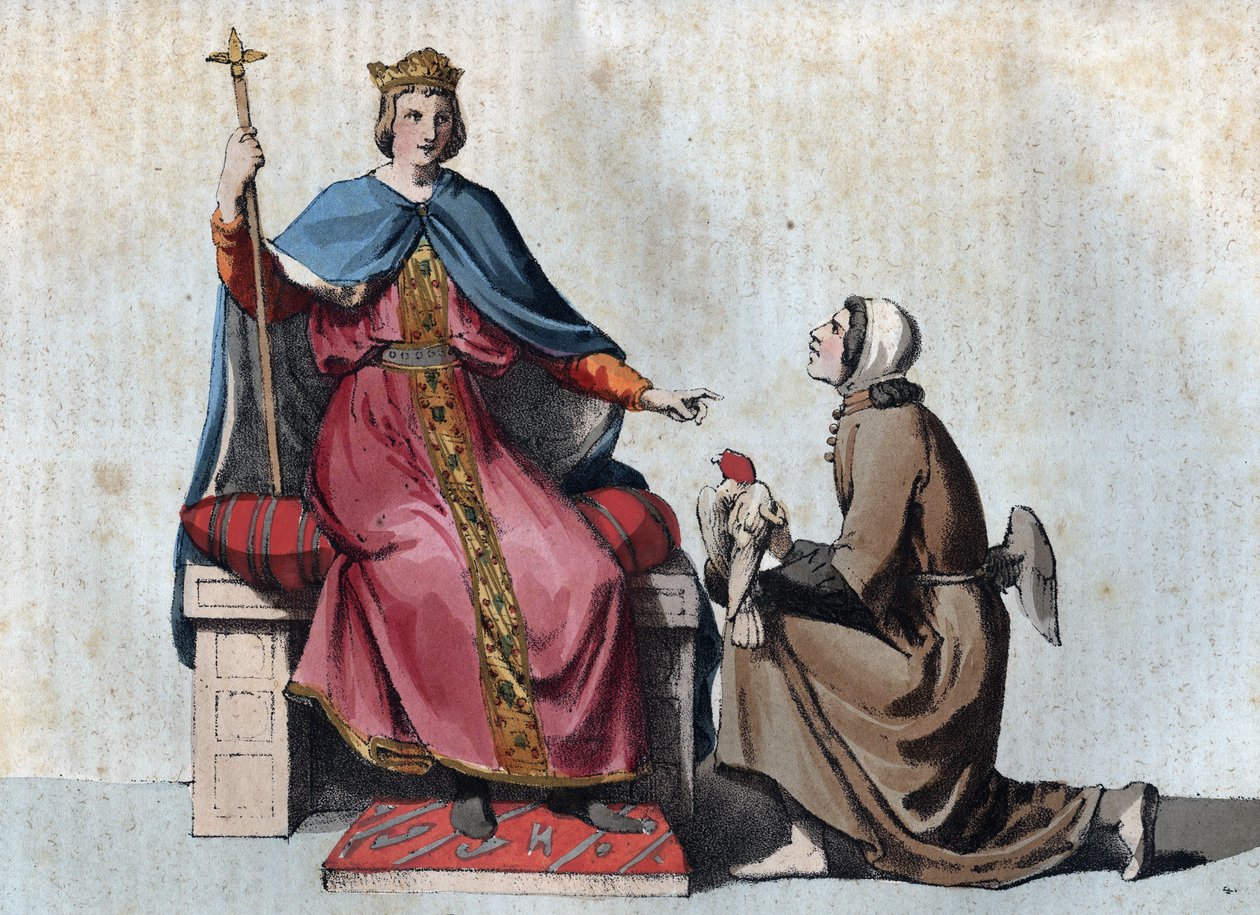 Portrett av Frederick II av Hohenstaufen, den hellige romerske keiseren med sin falkonerer - Portrett av Frederick II av Hohenstaufen (1194-1250), kongen av Det hellige romerske rike med sin falkonerer - gravering fra "" Usi e Costumi di Tutti i i Popoli d av Unknown artist