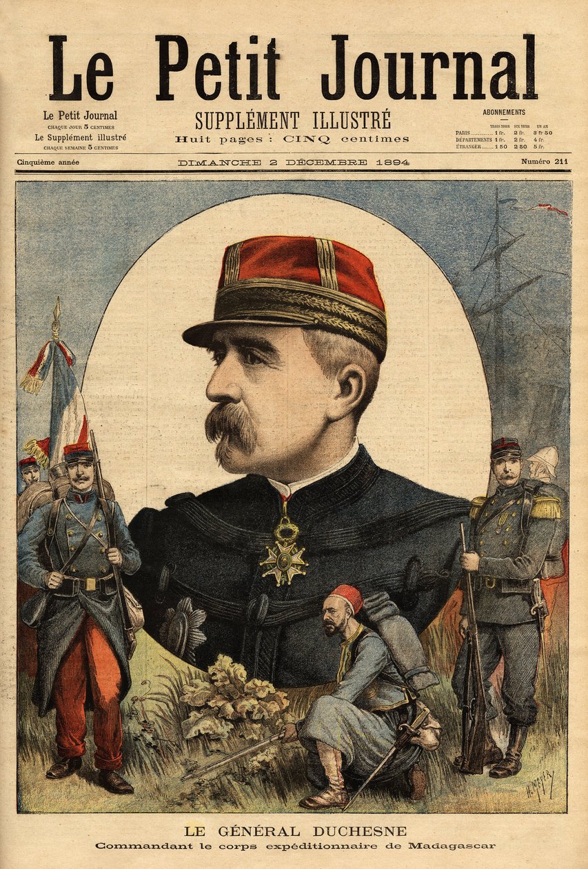 Portrett av general Jacques Charles Duchesne (1837-1918), sjef for de væpnede styrkene sendt til Madagaskar i 1894, tok han Tananarive. Gravering i "" Le petit journal"" 3/12/1894. Selvas samling. av Unknown artist