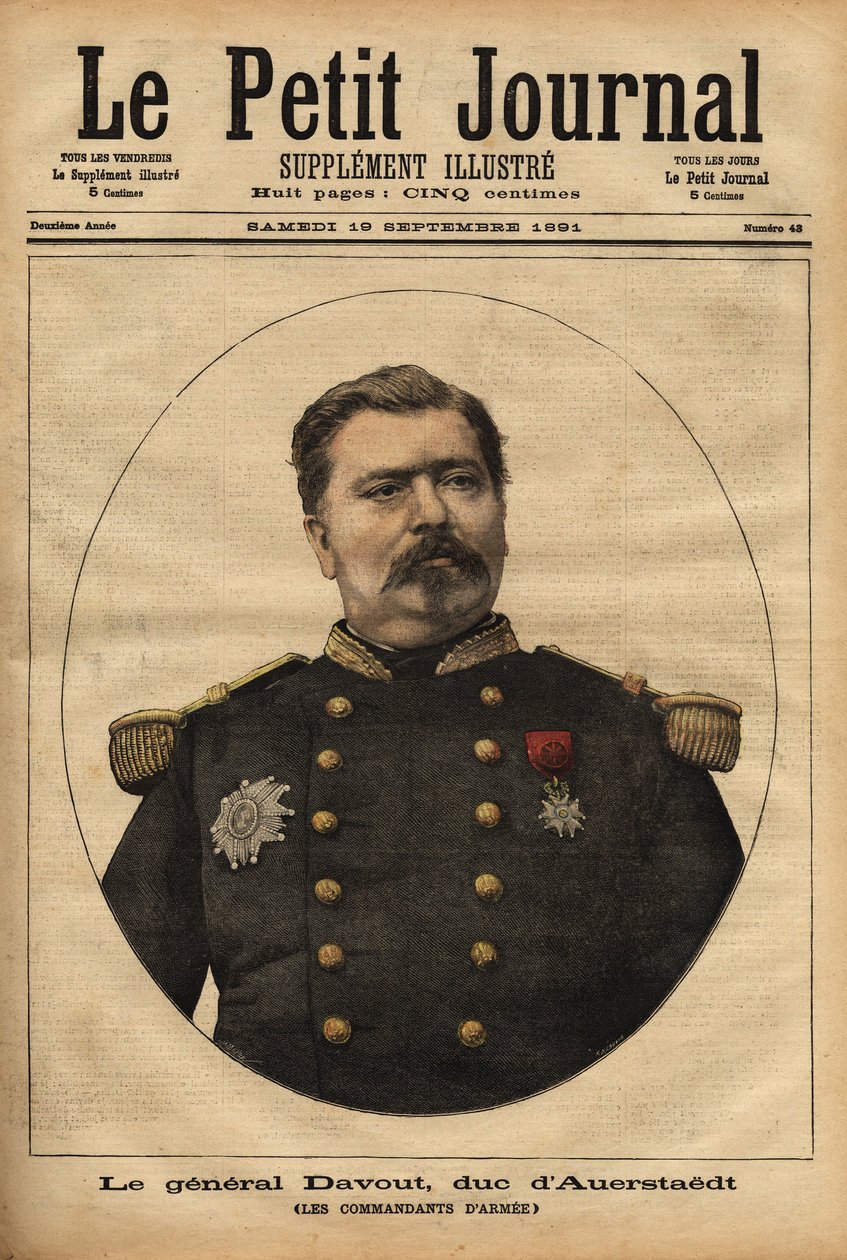 Portrett av general Leopold Davout, hertug av Auerstaedt (1829-1904), stabssjef for den franske Armee, som deltok i katastrofen under den fransk-prøyssiske krigen (1870) av Napoleon III (1808-1873). Gravering i "" Le petit journal"" 17.09.1891. Selvas c av Unknown artist