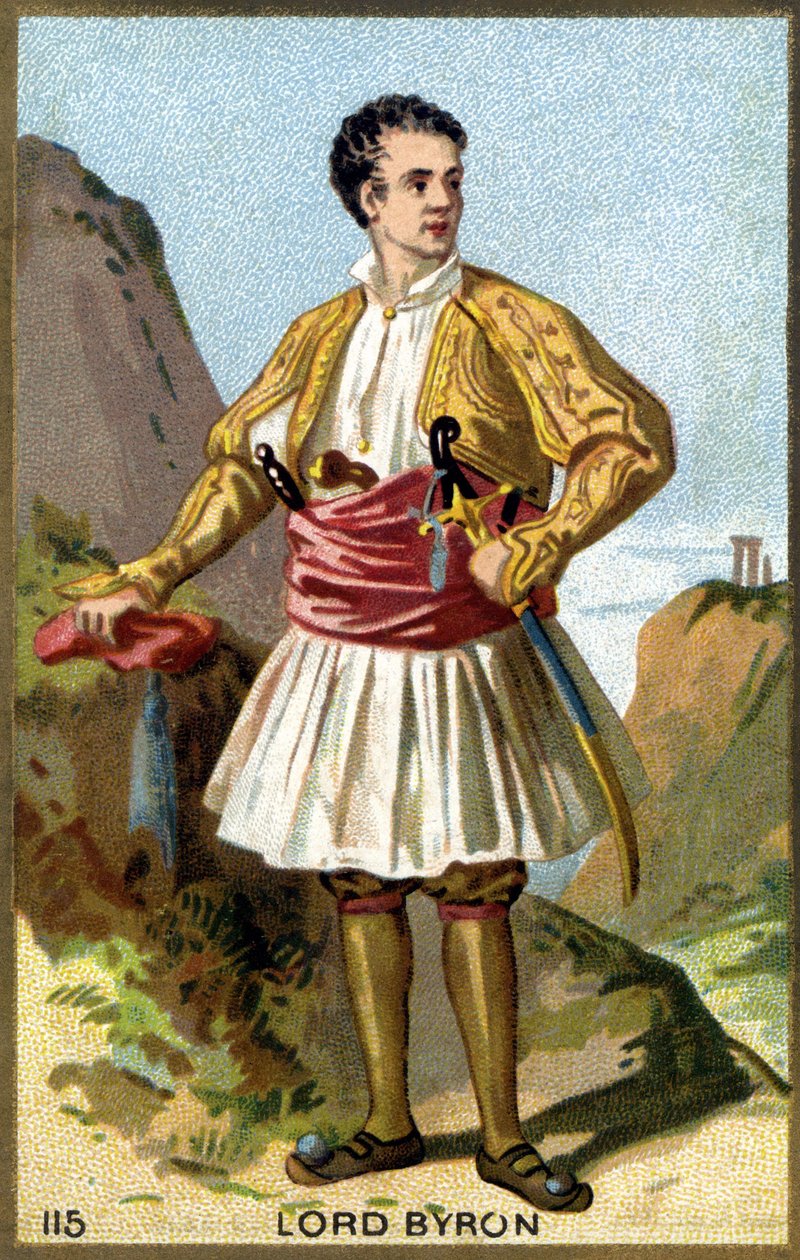 Portrett av George Gordon Noel, 6. Baron Byron, Lord Byron (1788 - 1824) kledd i gresk. Kromolitografi fra 1800-tallet. av Unknown artist