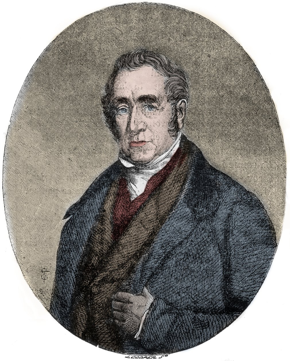 Portrett av George Stephenson (1781-1848), britisk ingeniør og pioner innen jernbanelokomotiver av Unknown artist
