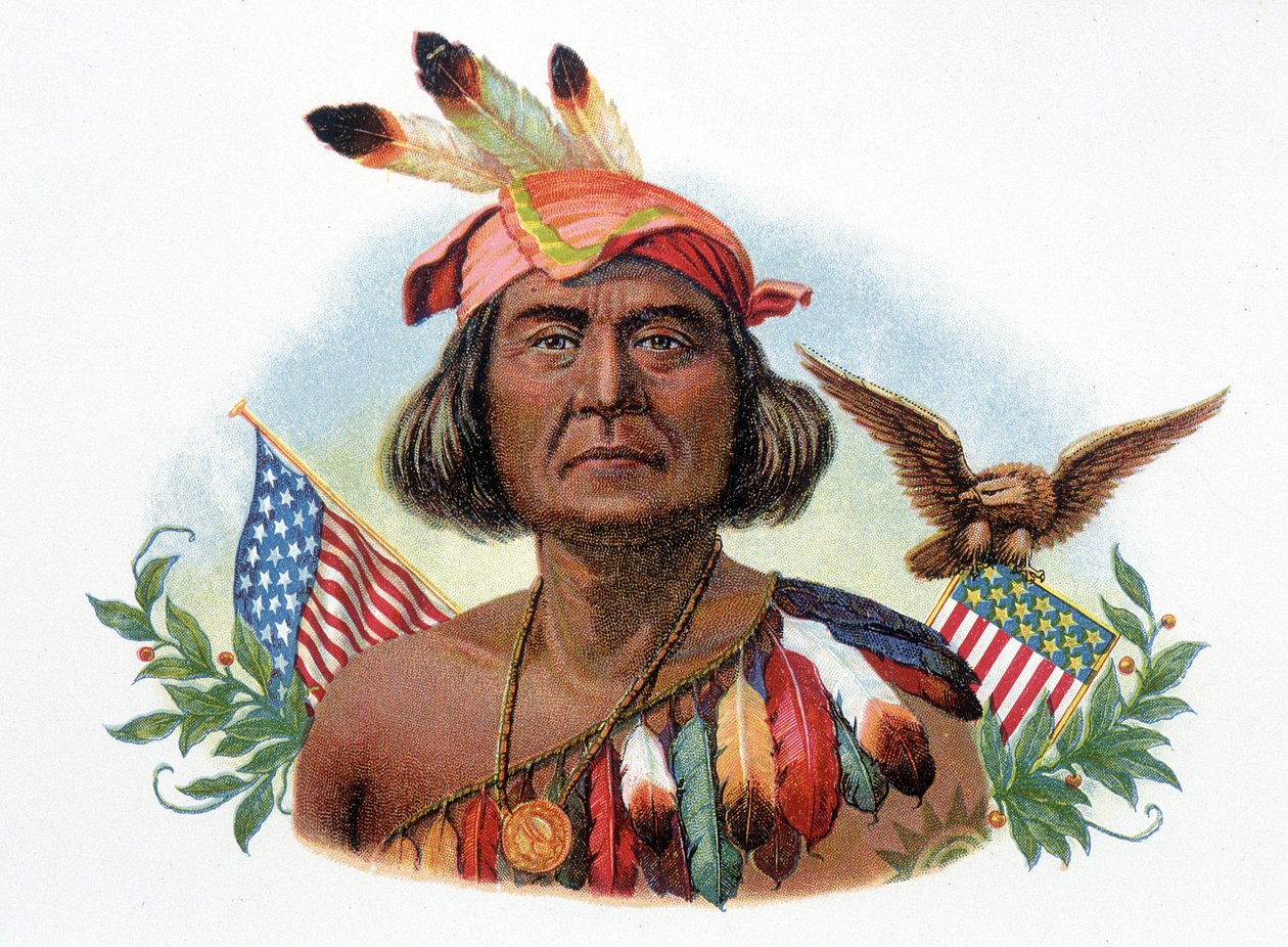 Portrett av Geronimo, Apache-kokk foran amerikanske flagg. Kromolitografi fra 1800-tallet. av Unknown artist