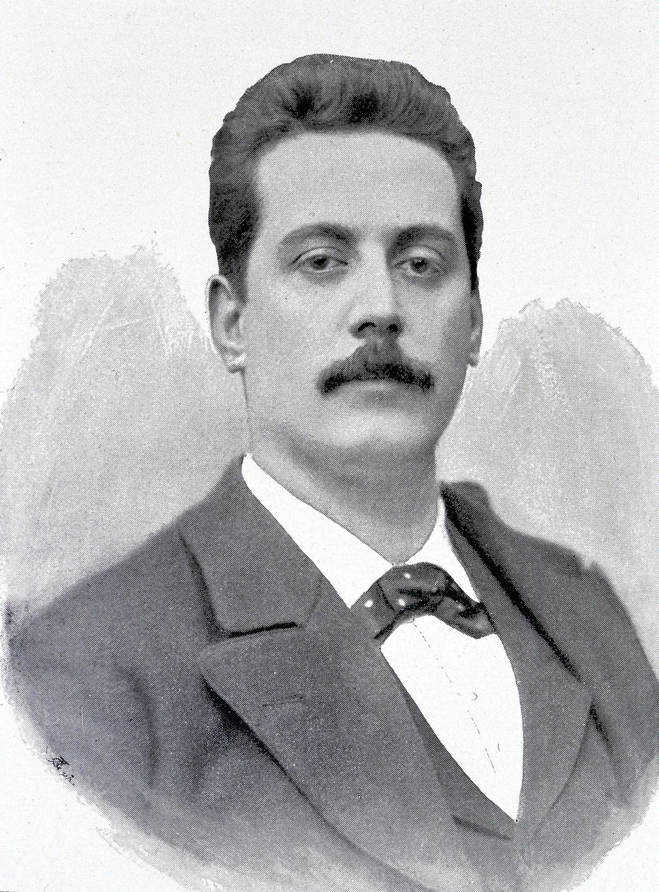Portrett av Giacomo Puccini, italiensk komponist (1858-1924), gravering fra 1800-tallet. av Unknown artist
