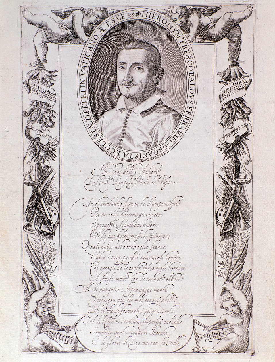 Portrett av Girolamo Frescobaldi (1583-1643) italiensk komponist Gravering fra frontispice av "" Tocrate "" partiture. 1637. Bologna, Civic Museum Museum av Unknown artist