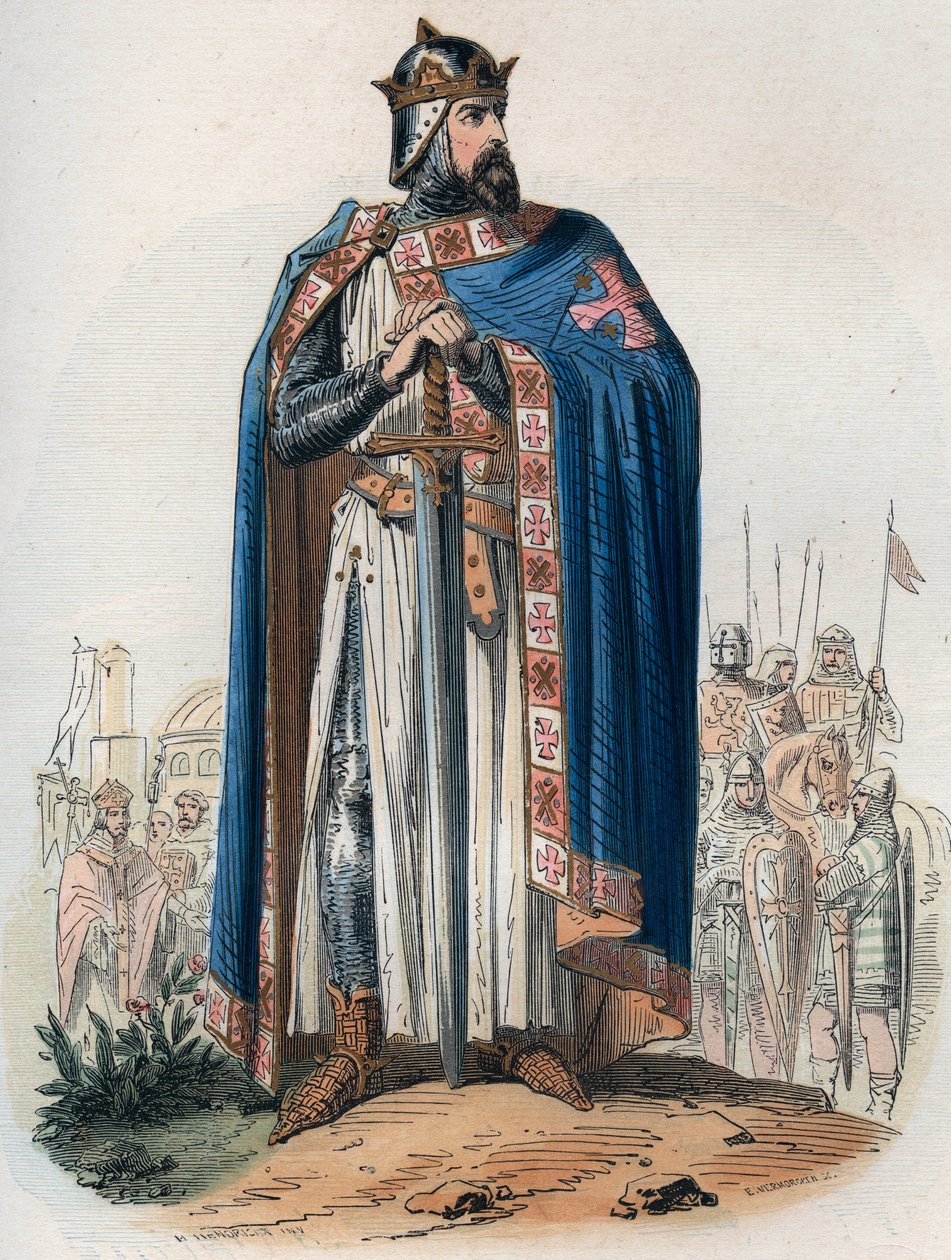 Portrett av Godefroy (Godefroi) de Bouillon (1061-1100) i korsdrakt. Gravering fra 1868 i «Histoire de Belgique fra primitiv tid til slutten av regne av Leopold I»» av Theodore Juste (1818-1888). Privat samling. av Unknown artist