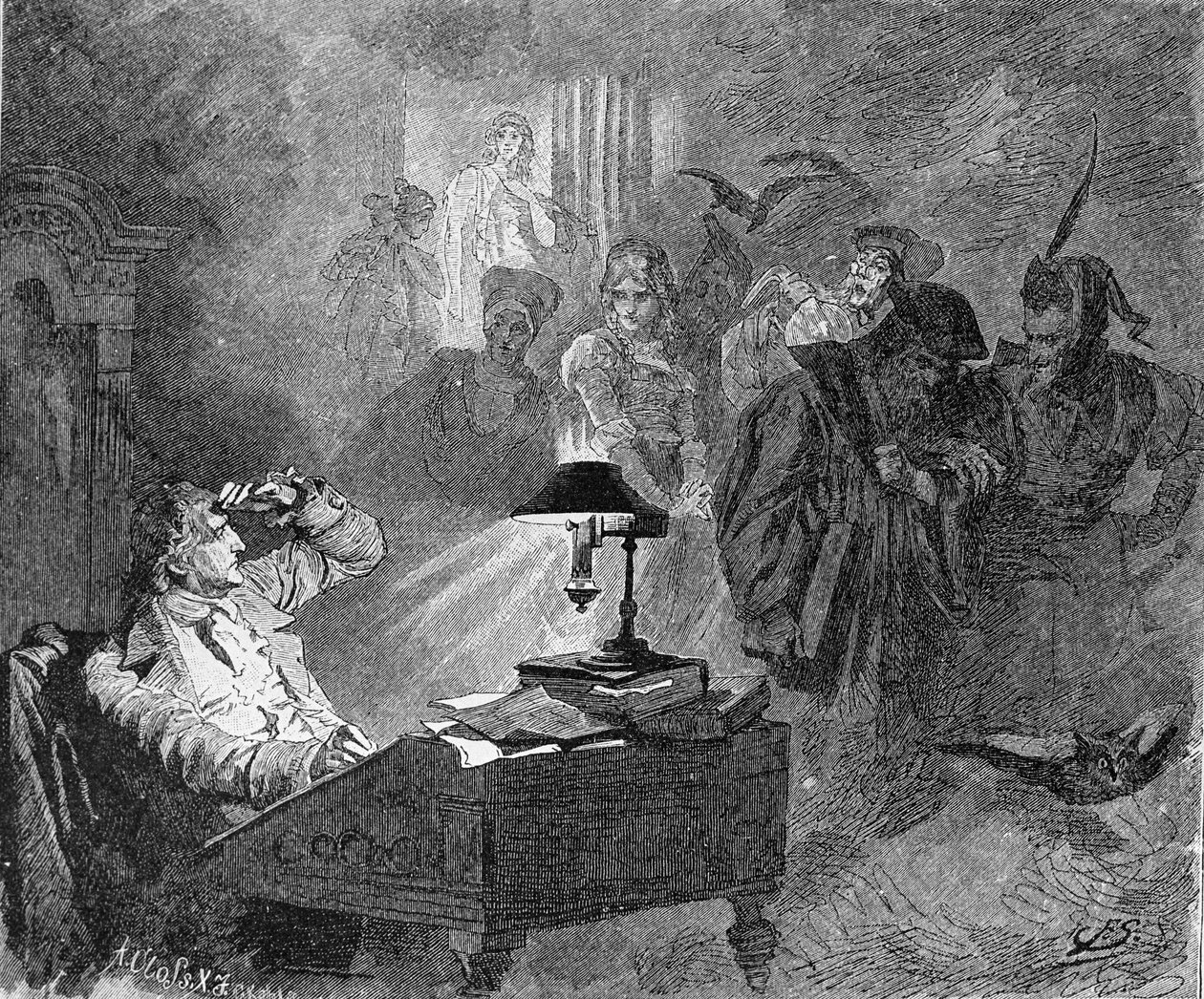 Portrett av Goethe omgitt av Faust-karakterer Gravering av Unknown artist