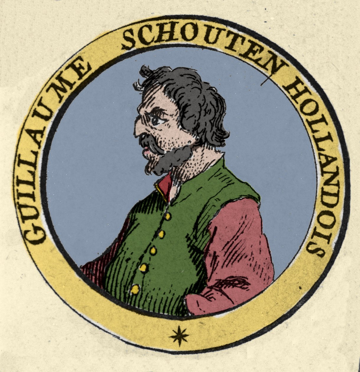 Portrett av Guillaume (Willem Cornelisz) Schouten (eller Schoutten) (1567-1625) nederlandsk navigatør. Gravering fra 1800-tallet av Unknown artist