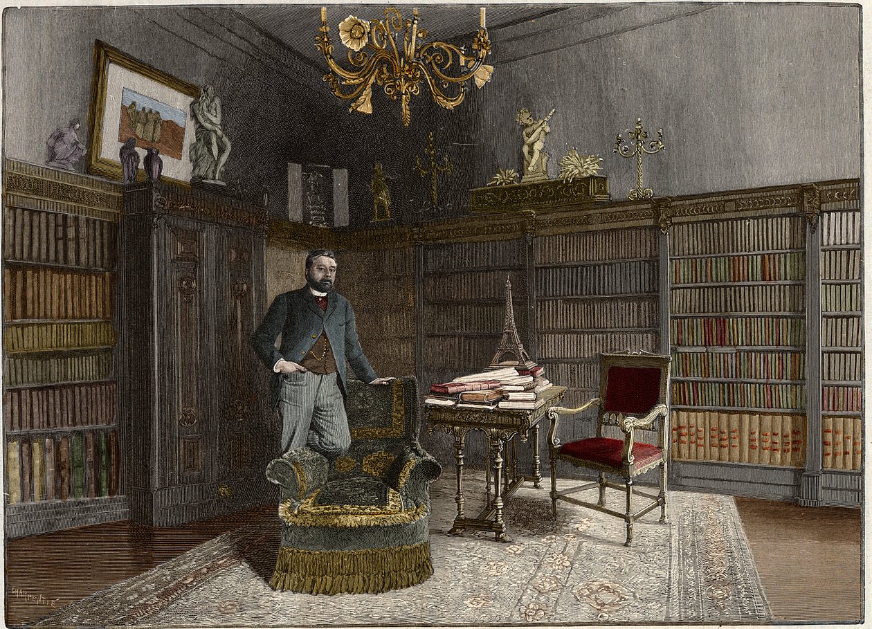 Portrett av Gustave Eiffel (1832-1923), fransk ingeniør i 1892 på kontoret hans. av Unknown artist