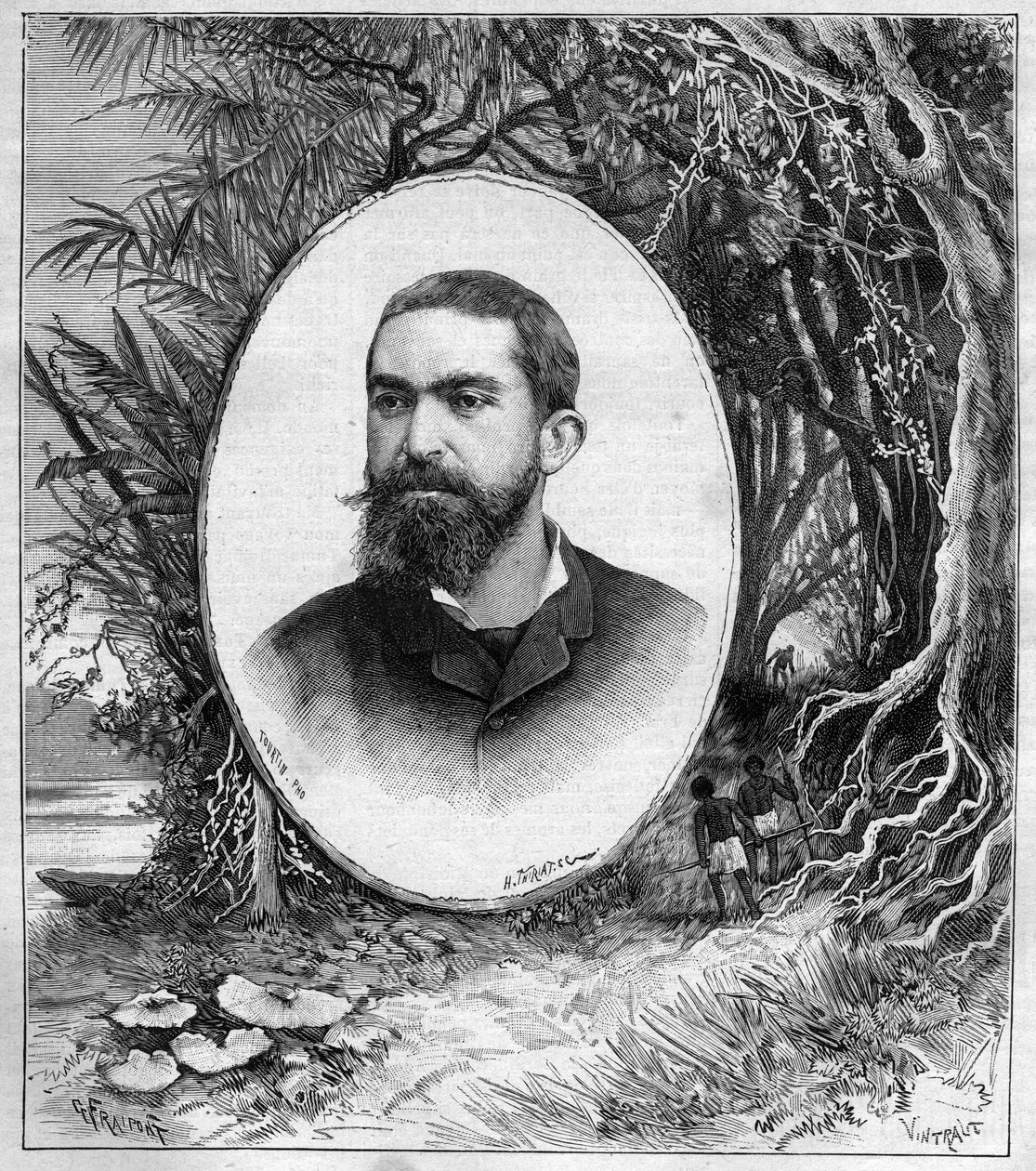 Portrett av Henri Coudreau (1859-1899), professor i geografi og oppdagelsesreisende av Amazonas (Brasil) - gravering i journal des voyages 1889 av Unknown artist