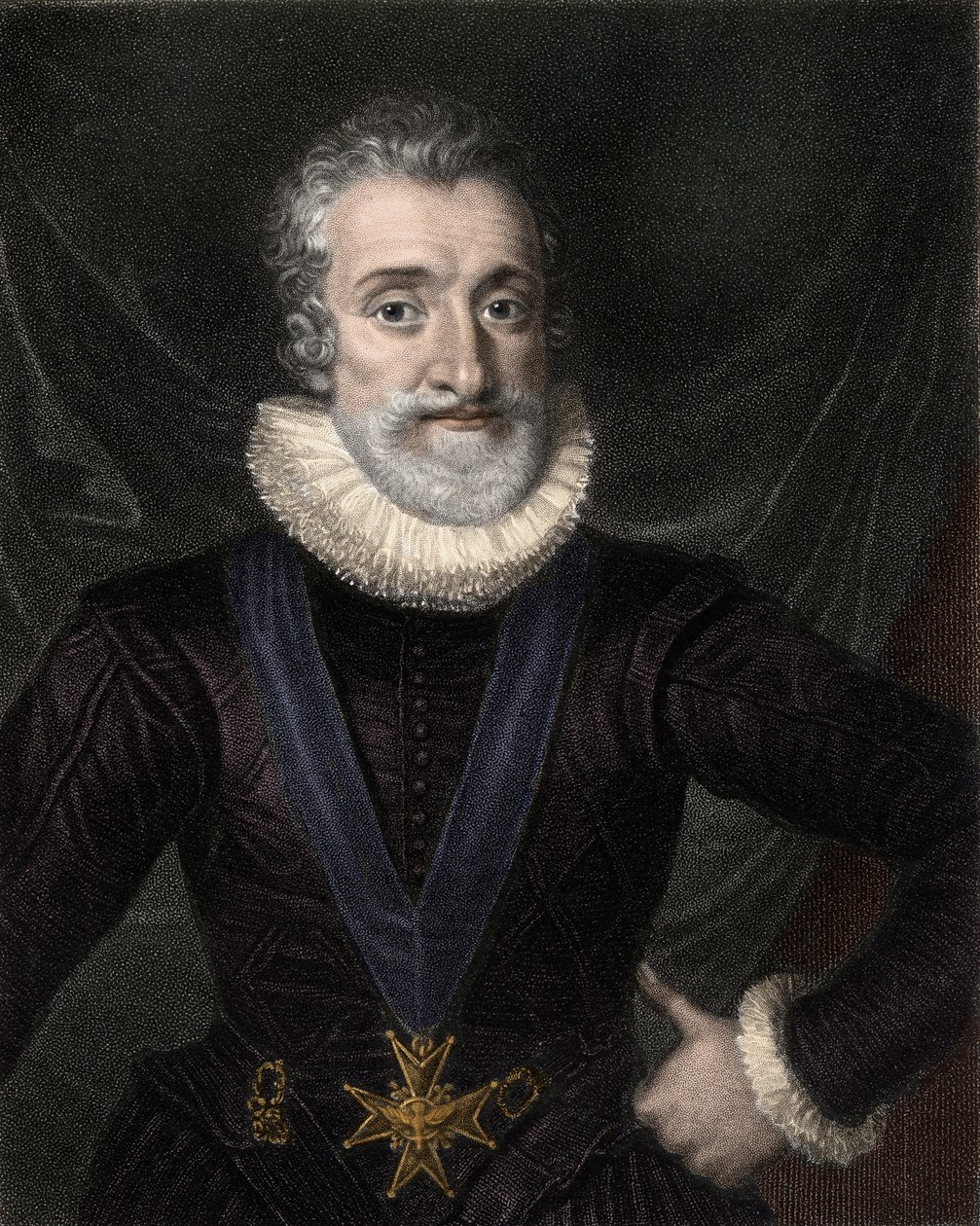 Portrett av Henrik IV (1553-1610) Konge av Frankrike, med halskjedet av insigniene til Den Hellige Ånds Orden (Den Hellige Ånds Orden) - Henrik IV (Henry av Navarre eller Bourbon) (1553-1610), med insigniene til Den Hellige Ånds Orden - gravering av Unknown artist