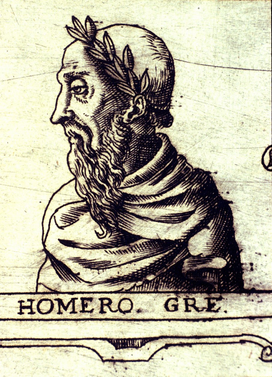 Portrett av Homer (9. århundre f.Kr.). Gravering av 1560 fra Atlas of Urbano Monte av Unknown artist