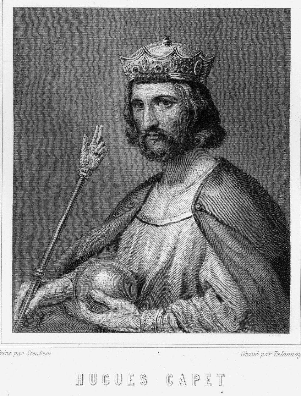 Portrett av Hugues I Capet (v. 941 - 996), hertug av Frankrike og deretter konge av Frankrike - i «Histoire des Français»» av Lavallée, gravering, sd. av Unknown artist