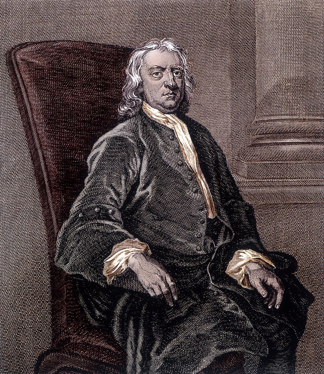 Portrett av Isaac Newton sittende i en lenestol - gravering av Unknown artist