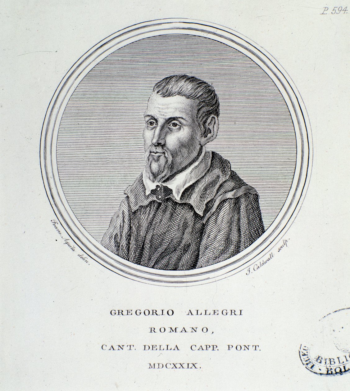 Portrett av den italienske komponisten Gregorio Allegri (1582-1652) Gravering. 1629. Bologna, borgerlig bibliografisk museum av Unknown artist