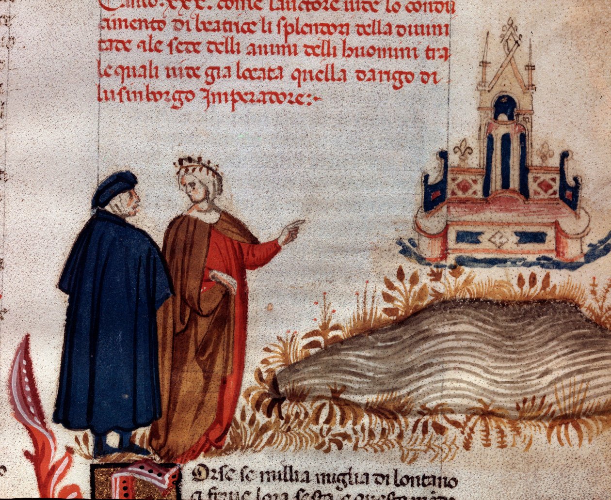 Portrett av den italienske poeten Dante Alighieri med Virgil som ser på tronen til Henry VII (sang 20 fra Paradise, in the Divine Comedy) - Miniatyr av Unknown artist