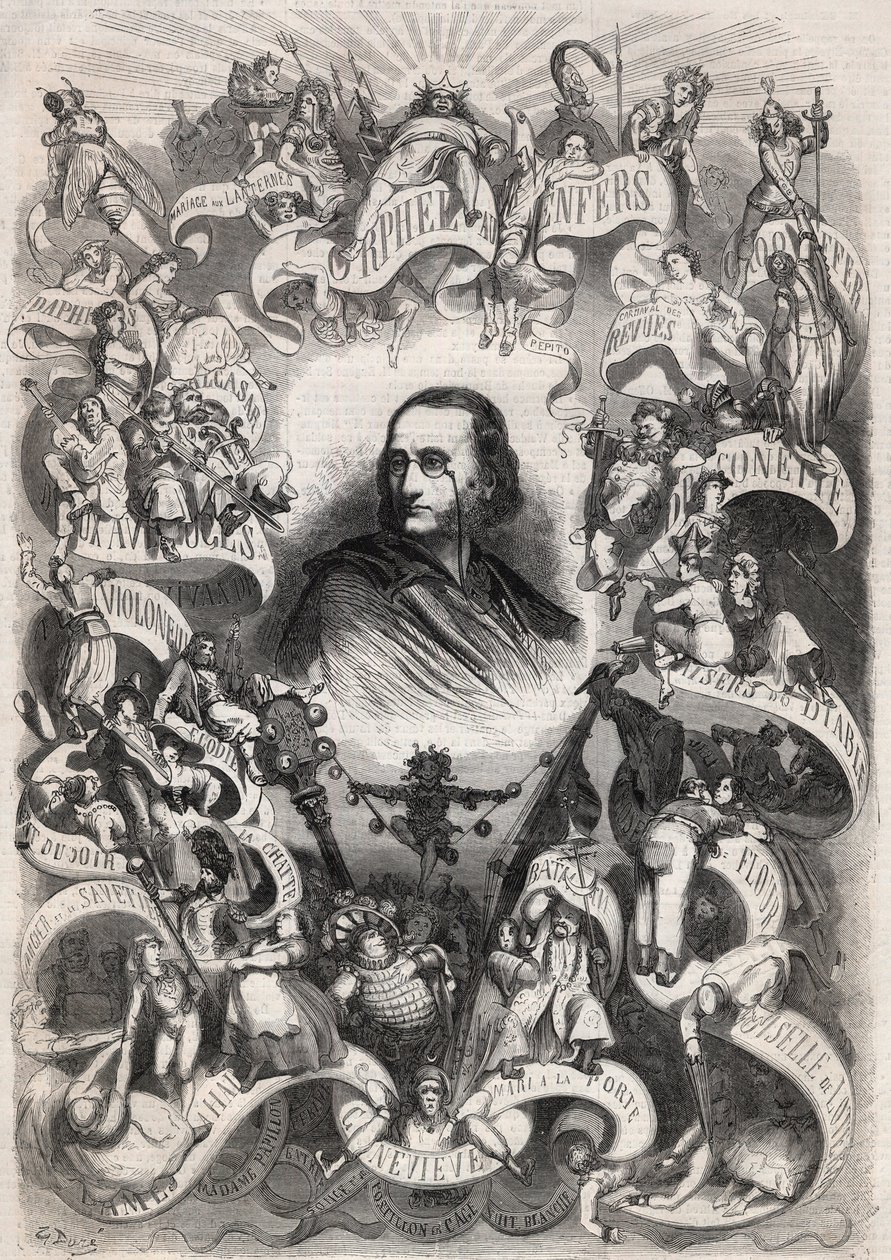 Portrett av Jacques Offenbach (1819-1880), fransk komponist og direktør for theatre des Bouffes Parisiens, omkranset av karakterer fra verkene hans - Gravering i "" Le Monde Illustré"" av Unknown artist