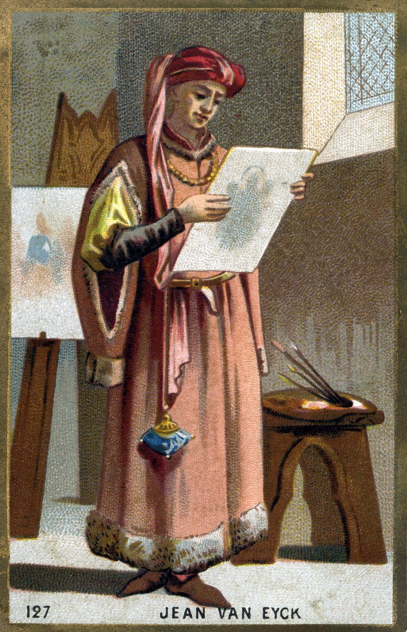 Portrait of Jan Van Eyck (1390 -1441) Flemish painter - headdress of a liripipion. Chromolithography of the 19th century. av Unknown artist