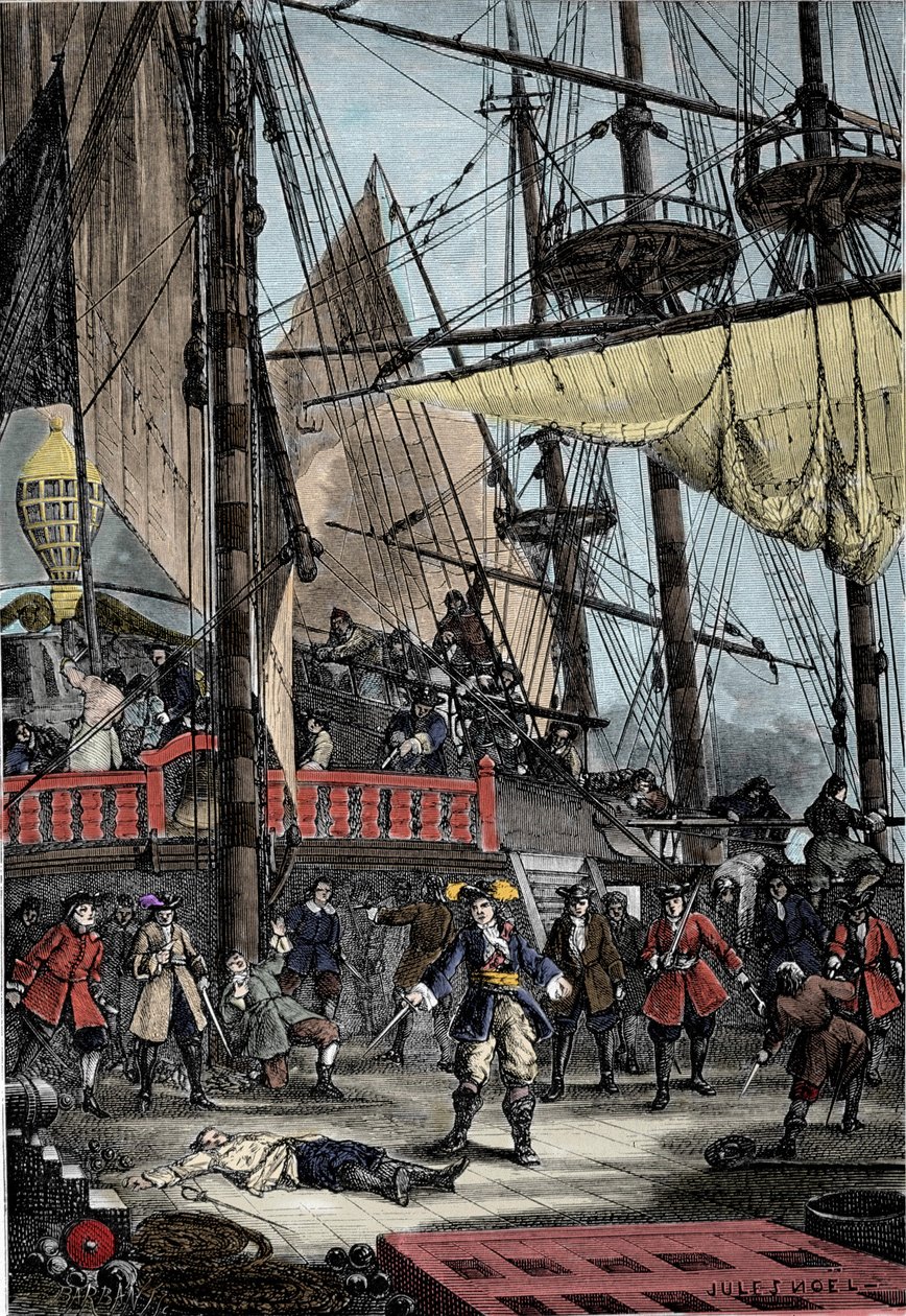 Portrett av Jean Bart (1650 - 1702), fransk kaper dreper den nederlandske kapteinen på Neptun med hånden. av Unknown artist
