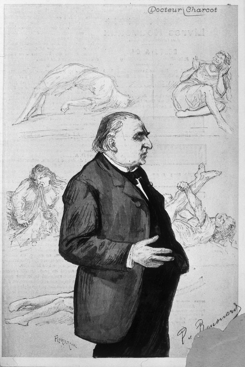 Portrait of Jean Martin Charcot (1825 - 1893) with drawings depicting patients suffering from hysteria av Unknown artist