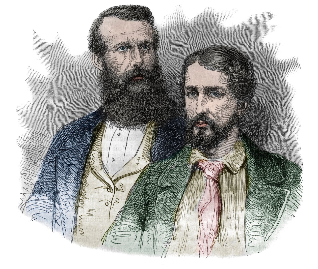 Portrett av John Hanning Speke, britisk oppdagelsesreisende, og James Augustus Grant, britisk soldat og oppdagelsesreisende. Sammen utforsket de kildene til Nilen - gravering fra "" Den pittoreske historien til store reiser i det nittende århundre"". 1877 av Unknown artist