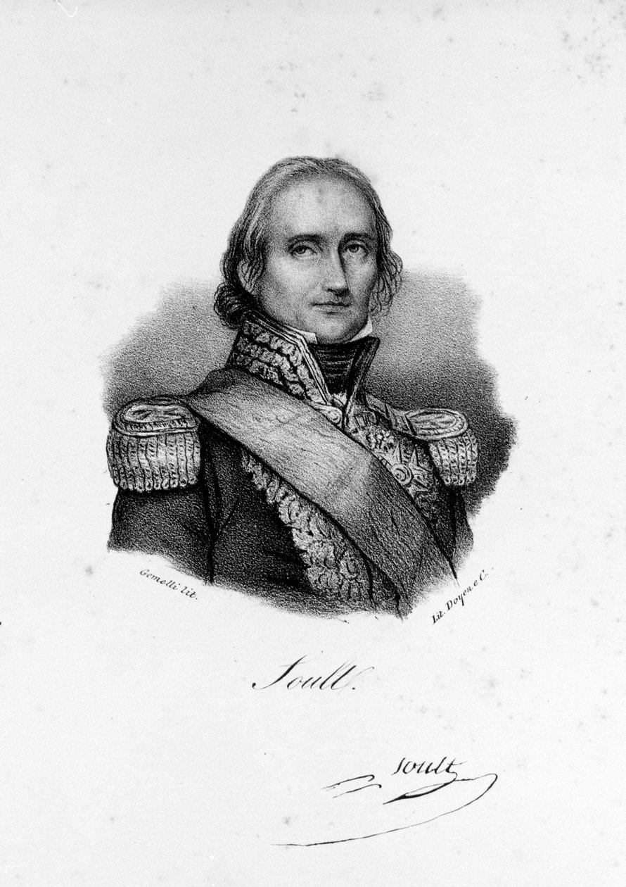 Portrett av John of God Nicolas Soult, hertugen av Dalmatia. General deretter Maréchal de France (1769 - 1851), gravering fra 1800-tallet. av Unknown artist
