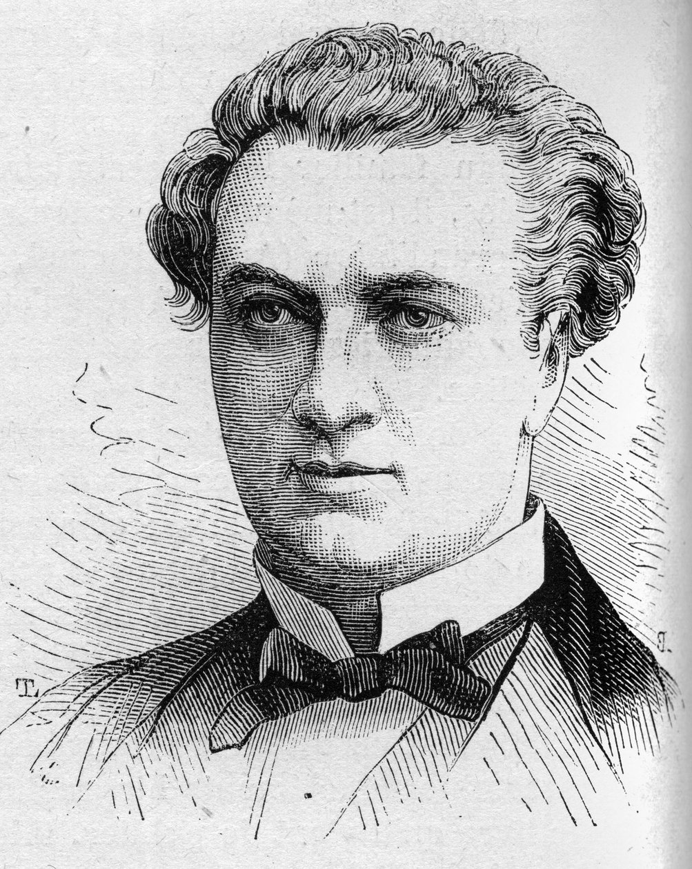 Portrett av Jules Laroche, fransk komiker, medlem av Comedie Francaise fra 1870 til 1893. Gravering i “” Le Monde Illustré”” n¡1168 av 16. august 1879. av Unknown artist