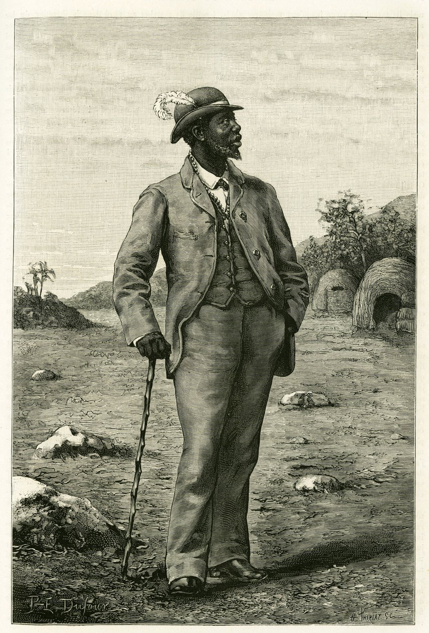 Portrett av kong Sepopo av Zambeze (dagens Sør-Afrika), kledd i europeisk stil, gravering av P. Dufour, for å illustrere historien "Au pays des Marutses", i 1875-1879, av Dr. Emile Holub (1847- 1902). Publisert i Tour du monde, 2. semester 1 av Unknown artist