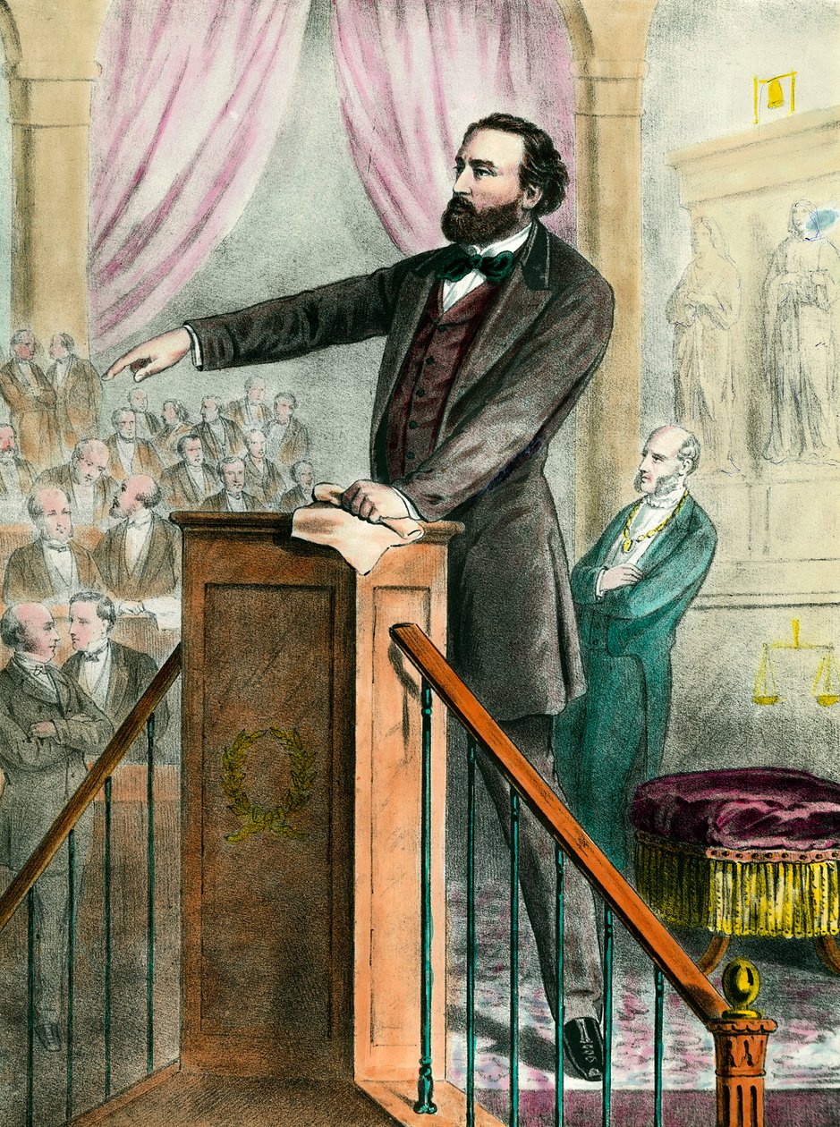 Portrett av Leon Gambetta (1838 - 1882) i galleriet. Gravering av 1800-tallet. Coll. Gå. av Unknown artist