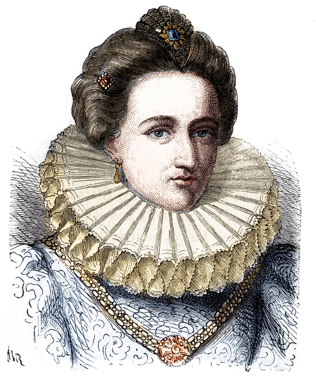 Portrett av Leonora Dori (eller Dosi) kalt Galigai, marechale of Anchor (1568-1617). Hun har på seg en jordbærkrage - i "" Histoire de France populaire"" av Henri Martin av Unknown artist